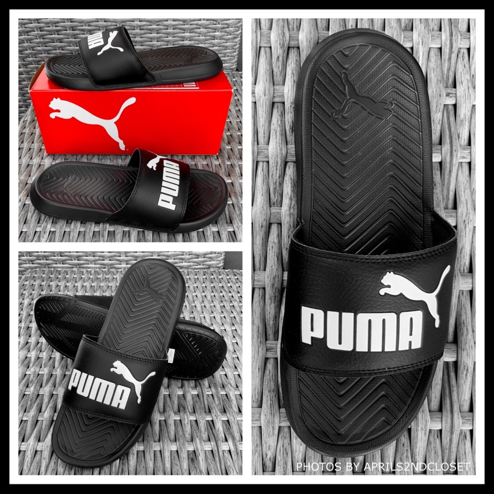 PUMA BLACK SLIDES SANDALS SLIP ONS WHITE CAT A3C - Picture 2 of 8